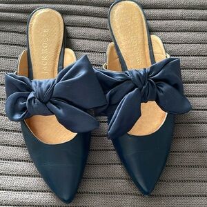 EUC leather and silk bow mules